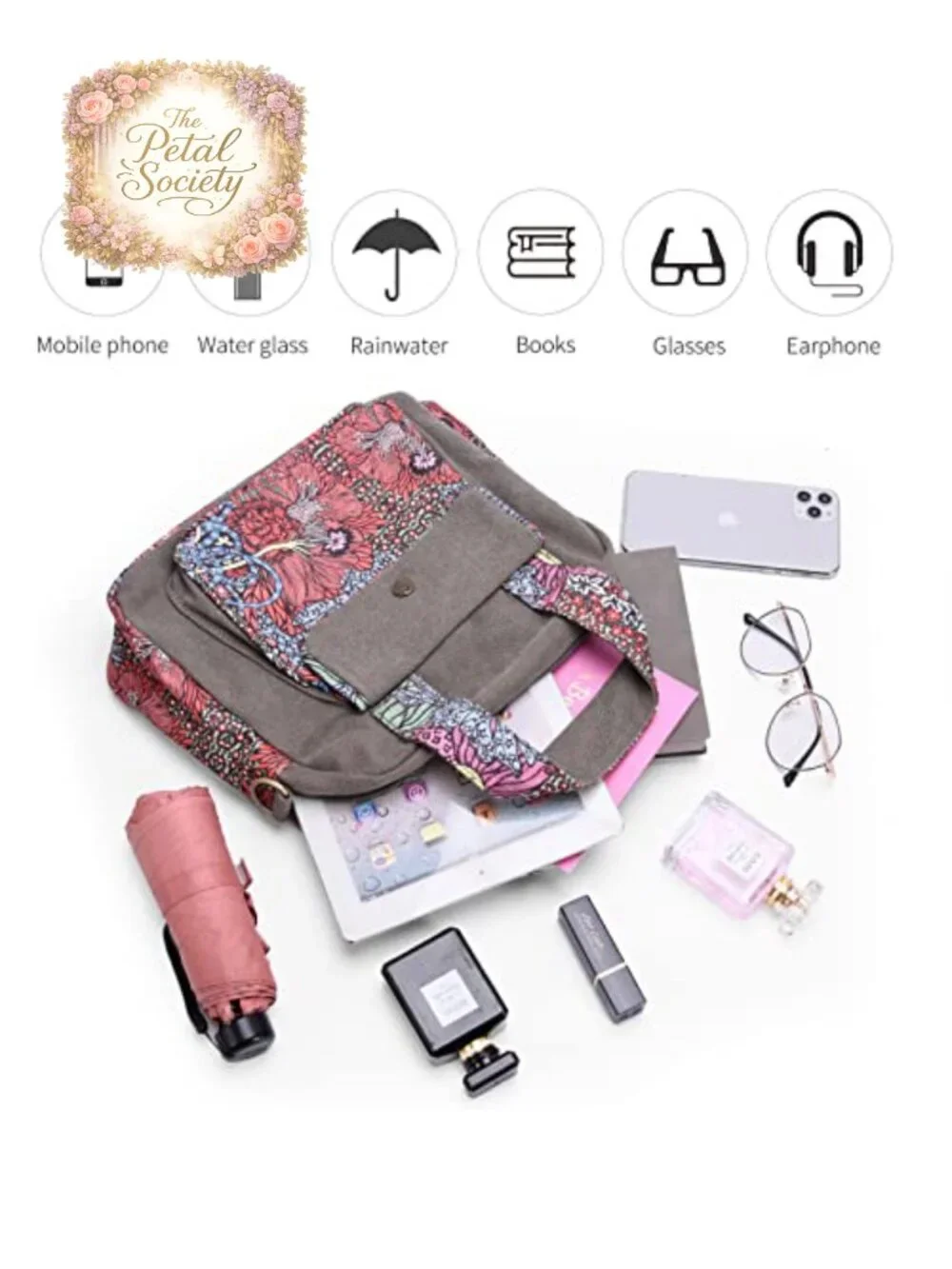 Canvas Floral Crossbody Shoulder Purse with Adjustable Strap